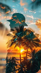 Double exposure silhouette of a person with palm trees and a tropical sunset background, creating a dreamy, artistic effect.