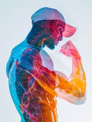 Double-exposure image of a strong man flexing muscles, illustrating human anatomy with colorful, vibrant overlays, cap on head.