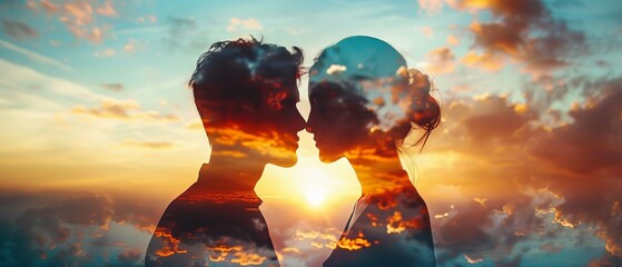Silhouette of a couple kissing with a beautiful sunset sky overlay, symbolizing love and romance in a dreamy, ethereal setting.