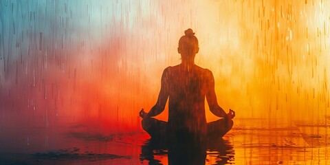 Silhouette of a person meditating in a peaceful and serene environment with vibrant and colorful background enhancing the calming effect.