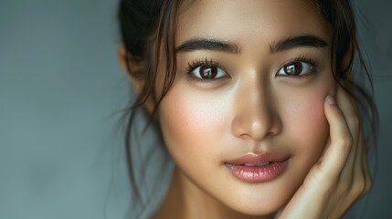 Fototapeta premium A Portrait Of A Beautiful Young Asian Woman, Happiness Evident In Her Eyes As She Touches Her Cheek Gently, Hd Images