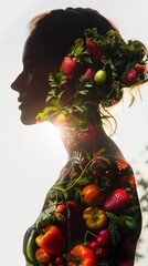 Silhouette of a woman, overlaid with images of fresh fruits and vegetables, symbolizing nature, health, and organic living.