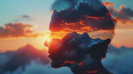Silhouette of a person with a double exposure of majestic mountains and a stunning sunset, merging human and nature in a breathtaking visual art.