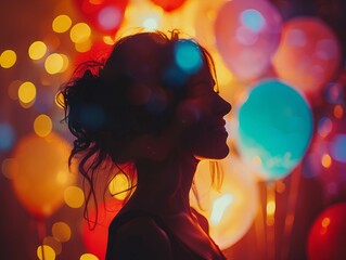Silhouette of a woman against a vibrant background of colorful balloons and bokeh lights, creating a festive and dreamy atmosphere.