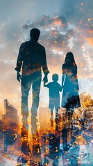 Silhouetted family holding hands with an abstract background combining nature and city elements, highlighting togetherness and harmony.