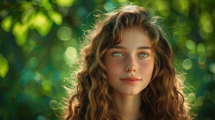 Naklejka premium A Portrait Of A Beautiful Young Girl With Long Curly Hair Standing Against A Lush Green Background, Her Eyes Sparkling With Life, Hd Images