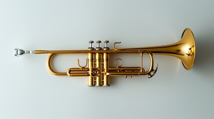 A shiny golden trumpet resting against a pure white backdrop, its intricate details and curved...