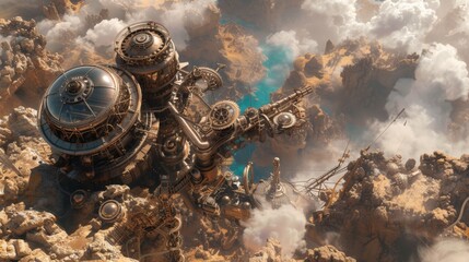 Delve into a world of steampunk wonder with a mesmerizing map showcasing the rugged terrain and industrial marvels of a desert landscape, complete with intricate gears, cogs, 