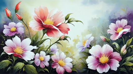 Spring flowers painted with oil paints on canvas