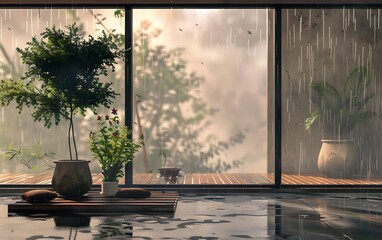 Minimalist room with a sleek wooden table in front of a large window, raindrops gently hitting the glass, creating a serene and calming ambiance, soft natural light filtering through.