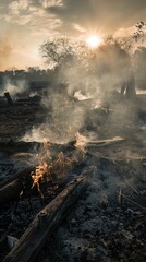Burn pits at the perimeter of an encampment, creating a smoky barrier against wild animals and enemy scouts