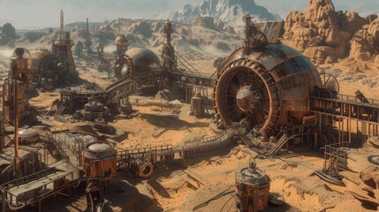 Delve into a world of steampunk wonder with a mesmerizing map showcasing the rugged terrain and industrial marvels of a desert landscape, complete with intricate gears, cogs, 