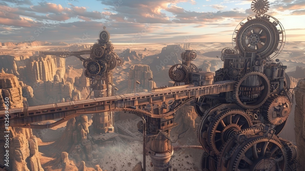 Wall mural Delve into a world of steampunk wonder with a mesmerizing map showcasing the rugged terrain and industrial marvels of a desert landscape, complete with intricate gears, cogs, 