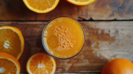 Fresh orange juice in a glass on a wooden surface
