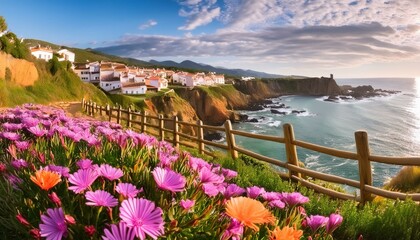 Seaside town in Spain with flowers, fences and ocean in the background,panorama, beach, summer,...