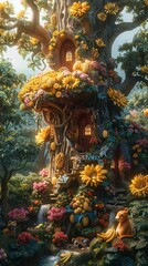 Obraz premium An enchanted forest clearing where animals gather to share a gigantic banana split, in a nod to National Banana Split Day