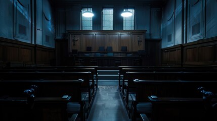 An empty courtroom at night, symbolizing the loneliness and isolation of legal battles over family issues