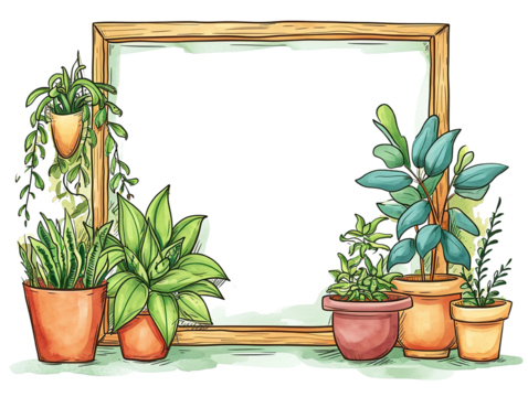 Adorable Simple Cartoon Doodle Empty Frame with Houseplants on Transparent Background