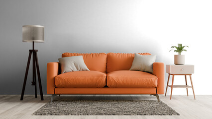 a couch with pillows and a lamp on a wooden floor