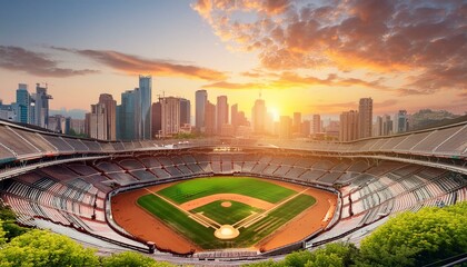 Sunset at the Baseball Stadium with City Skyline View,city, night, traffic, highway, light, road, urban, street, skyline,