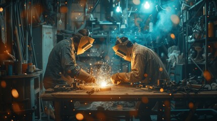Dive into the world of craftsmanship with an image of two handymen engaged in welding and grinding in their workshop, surrounded by sparks as they work diligently while wearing protective gear,