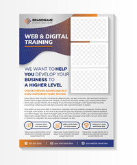 flyer template design with headline is web and digital training. space of photo collage and text. Advertising banner with vertical layout. blue and orange on element in grey silver background