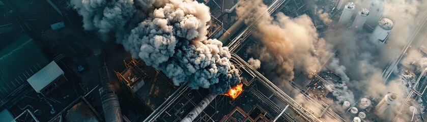 Aerial view of a chemical explosion at a factory, with massive smoke plumes and emergency response