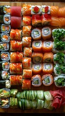 Aerial Shot , Vegan , Emotion Pure , Scene Assorted vegan sushi on a bamboo mat , Symmetrical , Lighting Natural Light , Lunch , Vegan Restaurant
