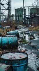 Abandoned chemical plant with leaking barrels and toxic waste, evidence of environmental disaster