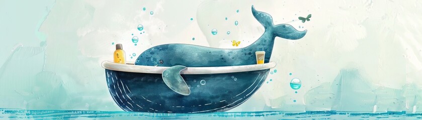 A whimsical whale changing into a bathtub, splashing fun into bath time with bubbly laughter
