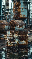 Abandoned chemical plant with leaking barrels and toxic waste, evidence of environmental disaster