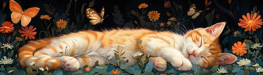 A whimsical garden where cats peacefully nap among oversized flowers and butterflies, commemorating International Cat Day