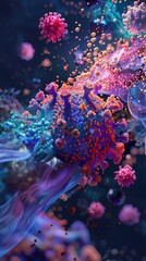 A vibrant depiction of a virus being dismantled piece by piece by the active agents of a vaccine, illustrating defense