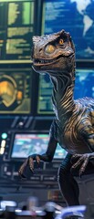 A Velociraptor in a lab setting, surrounded by gadgets and screens, showcasing its adaptability in modern tech development