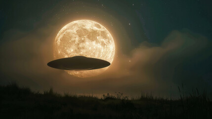 A UFO silhouette against the full moon, creating a surreal and mysterious tableau in the night sky