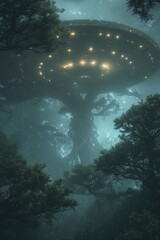 A UFO hovers silently over a misty forest, its lights casting eerie shadows on the ancient trees below