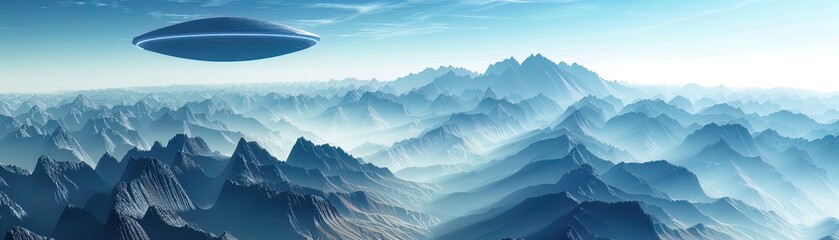 A UFO casting a shadow over a mountain range, its presence dwarfing the majestic peaks beneath
