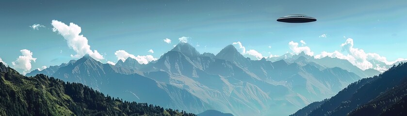 A UFO casting a shadow over a mountain range, its presence dwarfing the majestic peaks beneath