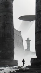 A UFO casting a geometric shadow on an ancient temple, linking the past to the present through its mysterious presence