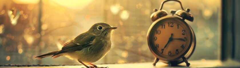 A tiny bird changing into a delicate, chirping alarm clock, waking up the room with sweet melodies