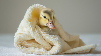 A tiny duckling turning into a soft, fluffy bath towel, wrapping warmth after a splish splash bath