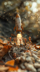 A team of ants in a miniature rocket, launching from a picnic to explore the vastness of the park