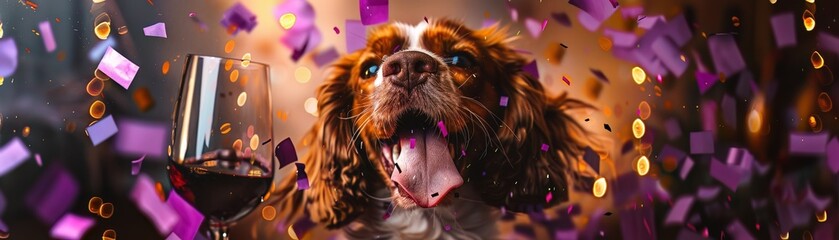 A spirited Spaniel with tongue playfully out, toasting with a cabernet, amidst purple confetti,...