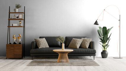 a living room with a black couch and a wooden table