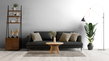 a living room with a black couch and a wooden table