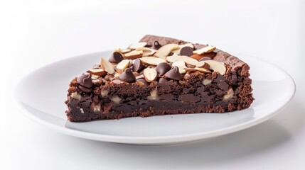 Almond and Chocolate Chip Brownie Cake on White Plate