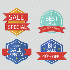 Set of vector red starburst, sunburst badges. Simple flat style vintage labels, stickers with sale discount text. Sale quality tags and labels. Template banner shopping badges