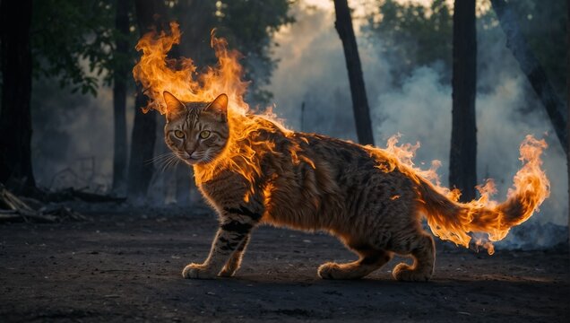 cat with fire on his head walking in the forest with trees