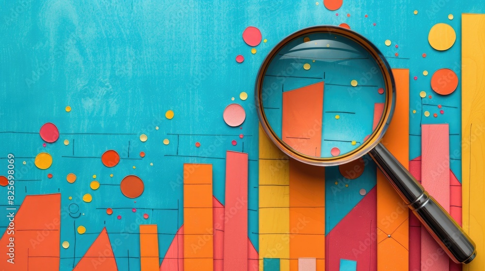 Poster a vibrant paper art image showing a magnifying glass over colorful bar graphs and dots, representing