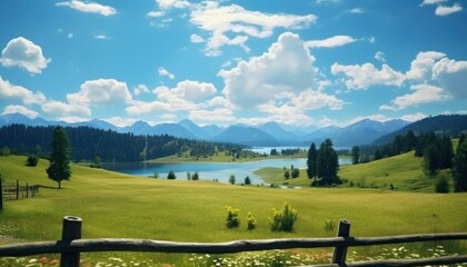 Obraz premium A stunning spring day landscaping views of fertile land surrounded beautiful green vegetation, wide stretches of hills and mountains with clear skies in spring